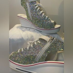Handmade wedding rhinestone lace-up bling wedge sneakers